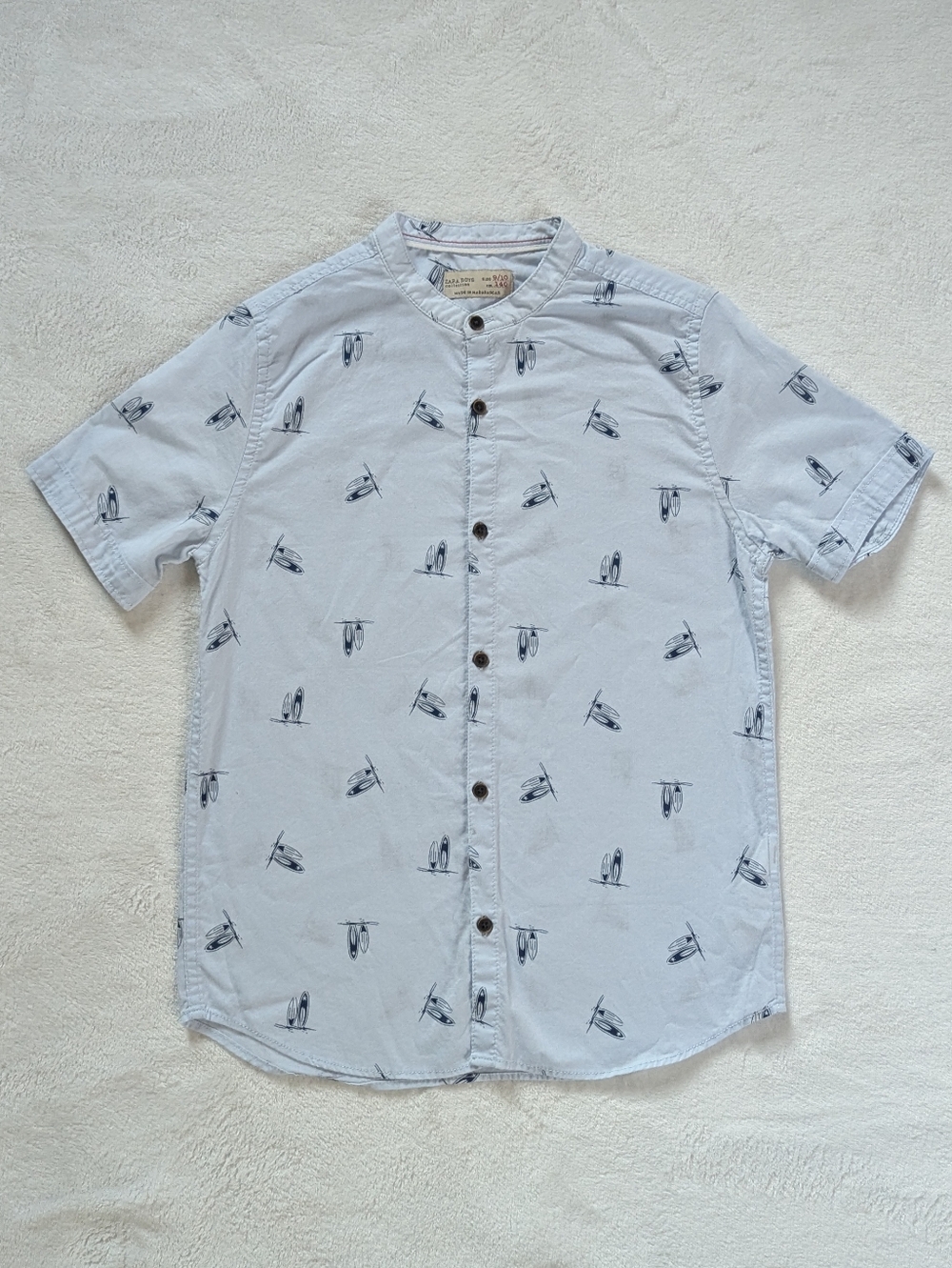 Zara Light Blue Short-Sleeve Button-Down Shirt with Surfboard Print
